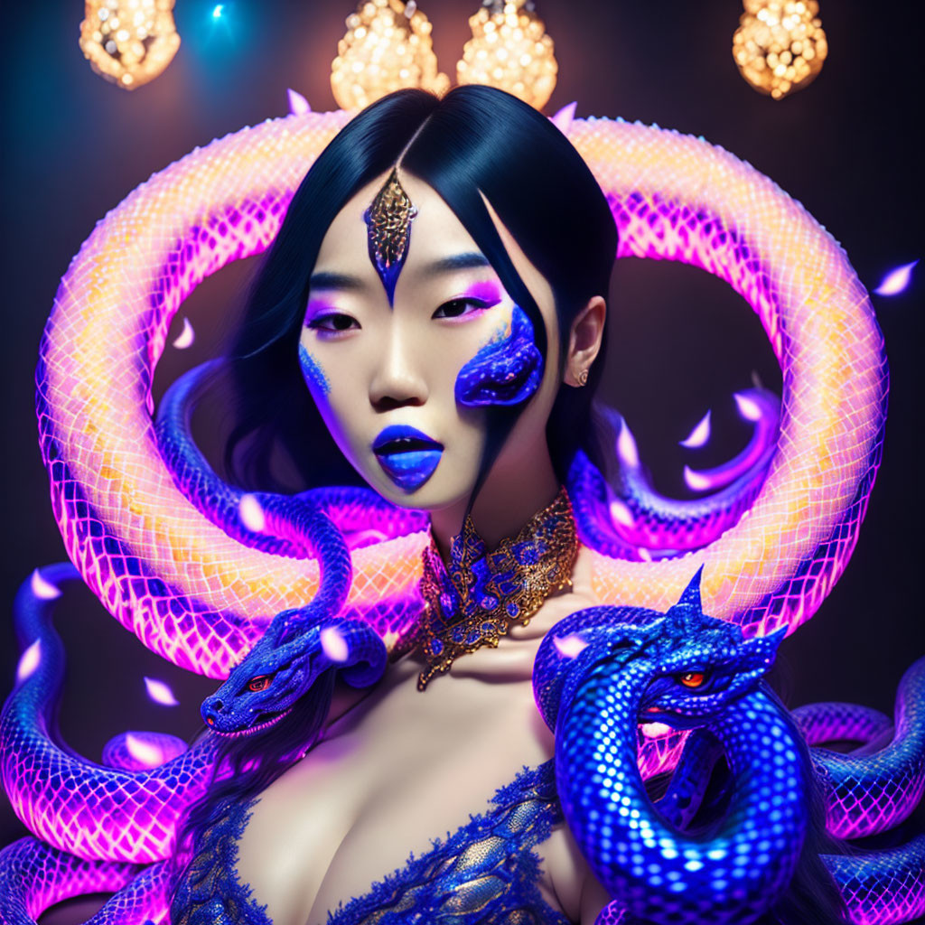 Woman with Blue and Purple Makeup Surrounded by Glowing Serpents