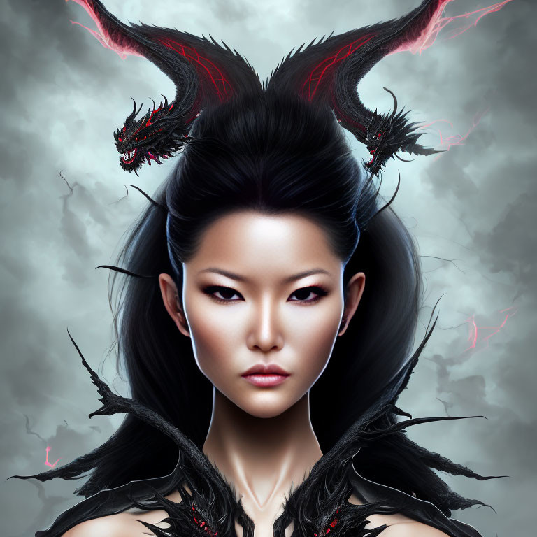 Digital artwork of a woman with pale skin and dark hair, black horns, and red accents on a