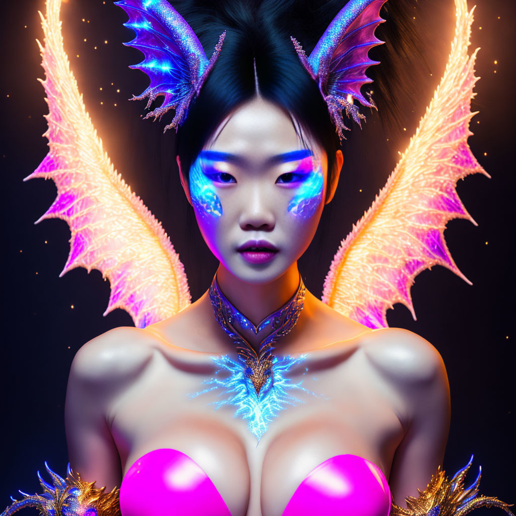 Ethereal woman with glowing blue makeup and neon dragon wings