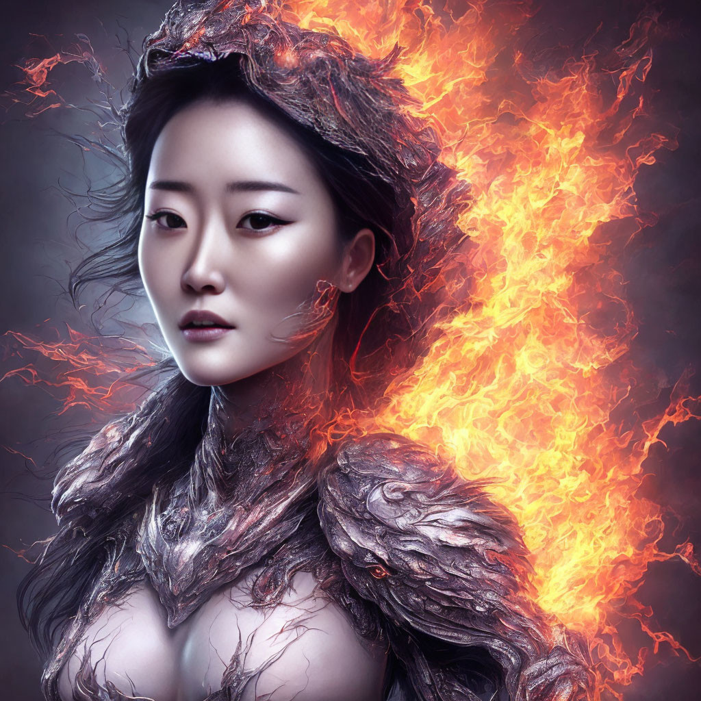 Portrait of Woman with Fiery Flame Effects and Smoky Textured Attire