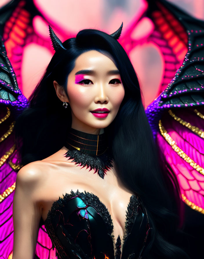 Dark-haired woman in horn-styled makeup and neon-pink wings costume mesmerizes with gaze