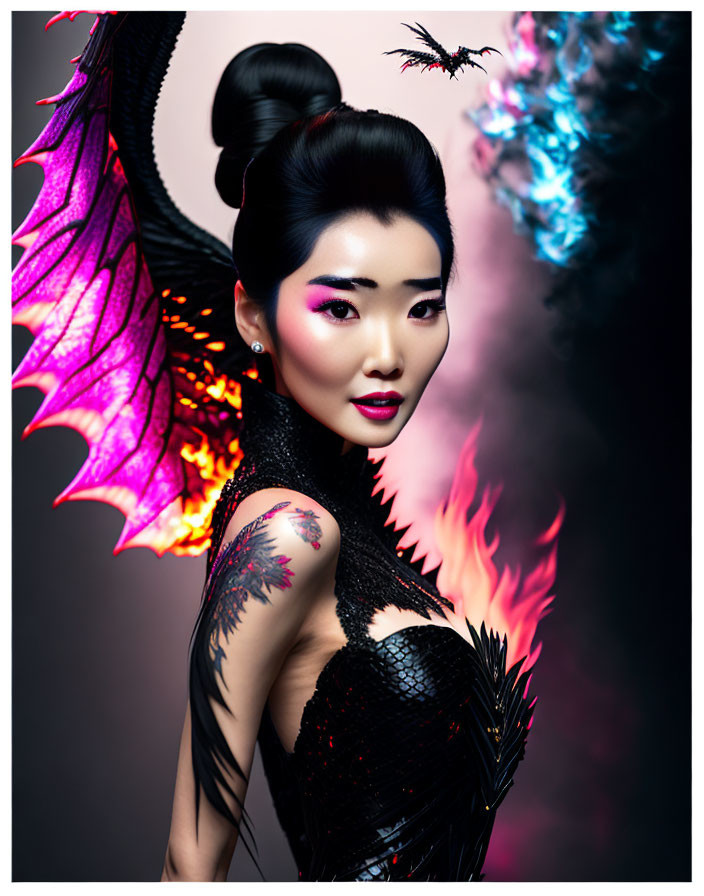 Dark-haired woman with dragon wings in fiery portrait.