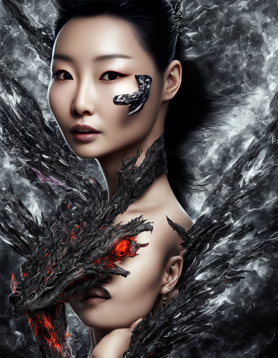 Fantasy-themed makeup portrait with dragon motif.