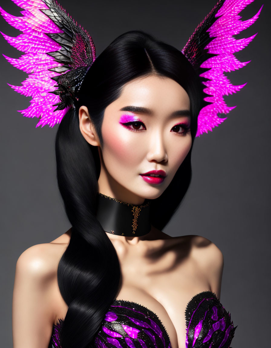 Woman with Pink Makeup and Headdress in Black Hair and Pink Accented Dress