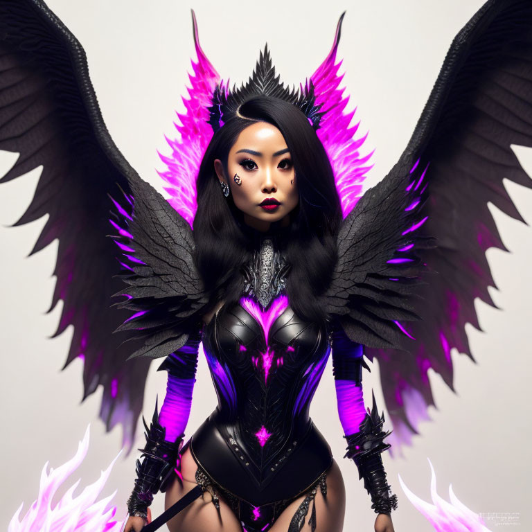 Dark fantasy costume with black wings and purple accents on a woman against light background