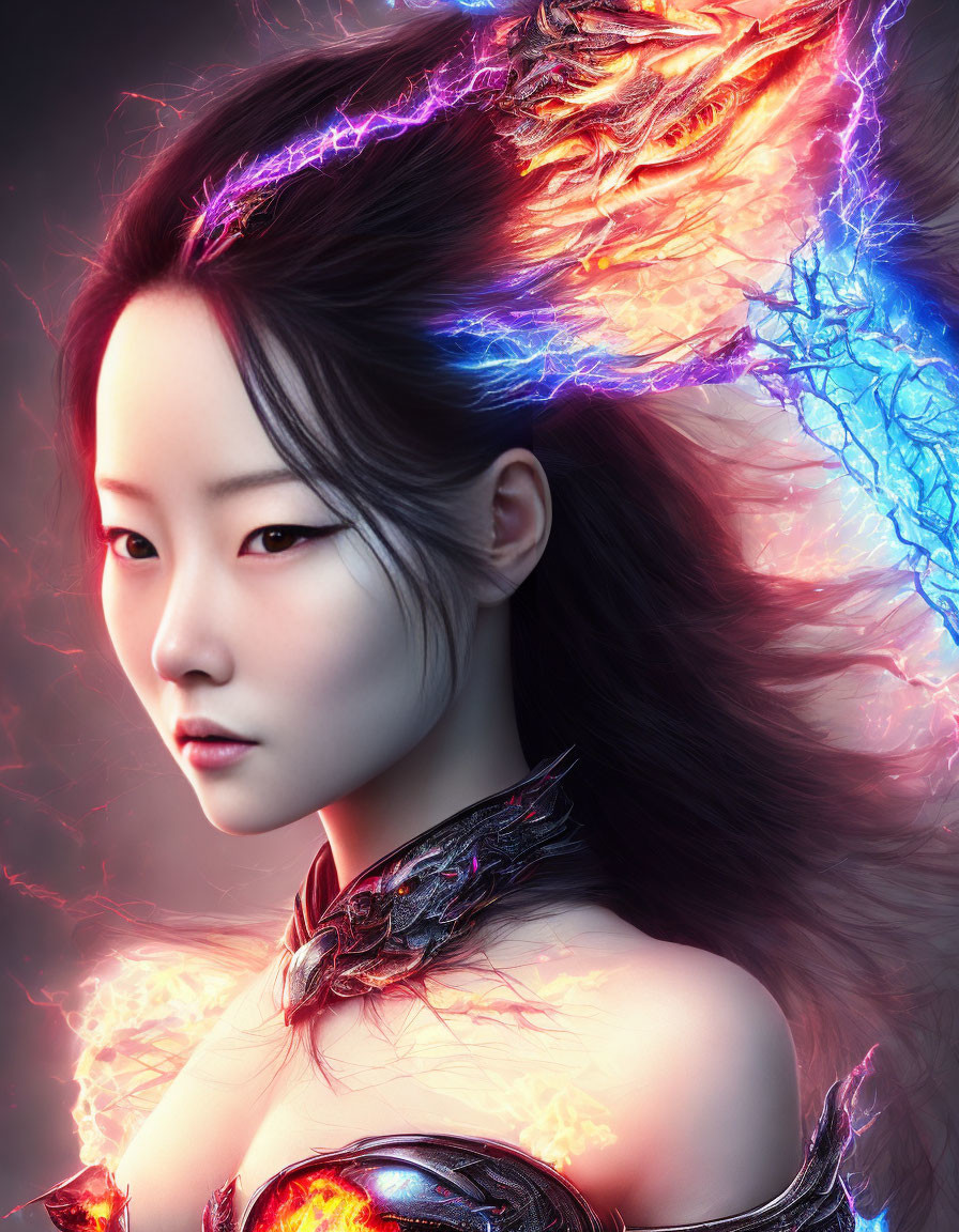 Intense gaze woman with electrified fiery wings and armor on dark backdrop