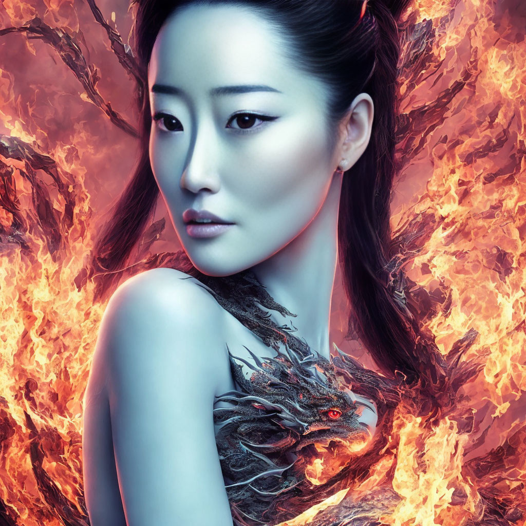 Woman with elegant expression engulfed in flames beside branch dragon.