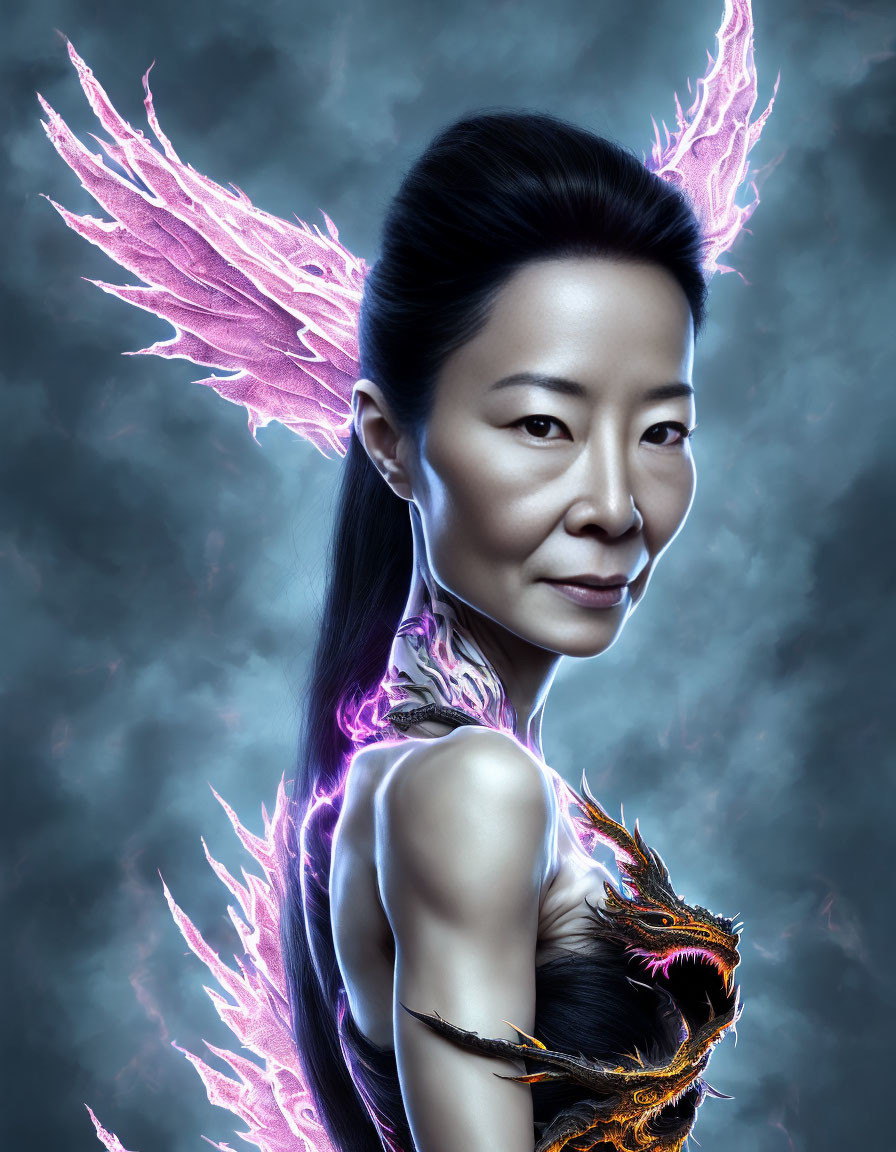 Ethereal woman with pink wings and dragon shoulder piece on dark blue background