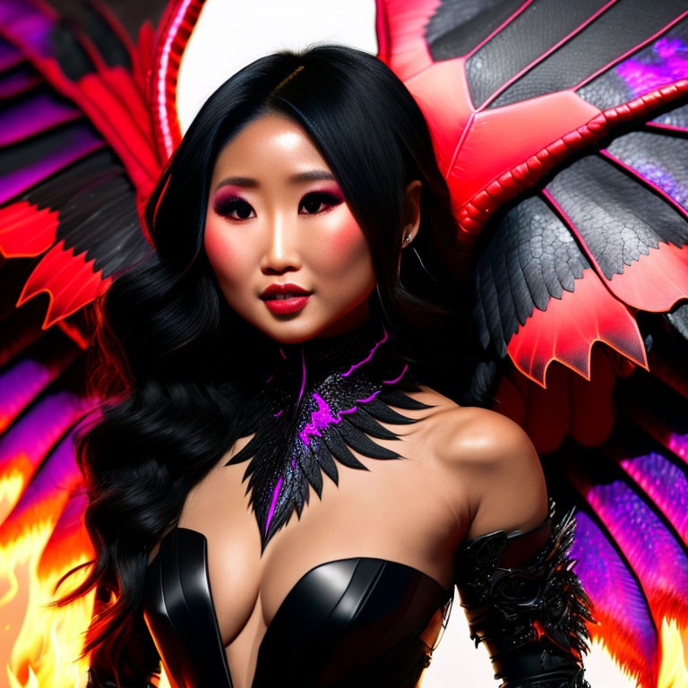 Dark-haired woman in fantasy makeup and attire with feathered and fire elements