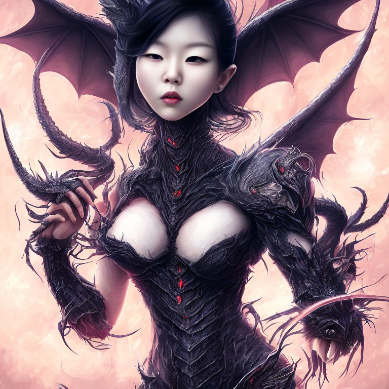 Fantasy winged female with dragon-like features and lizard on shoulder in pink backdrop