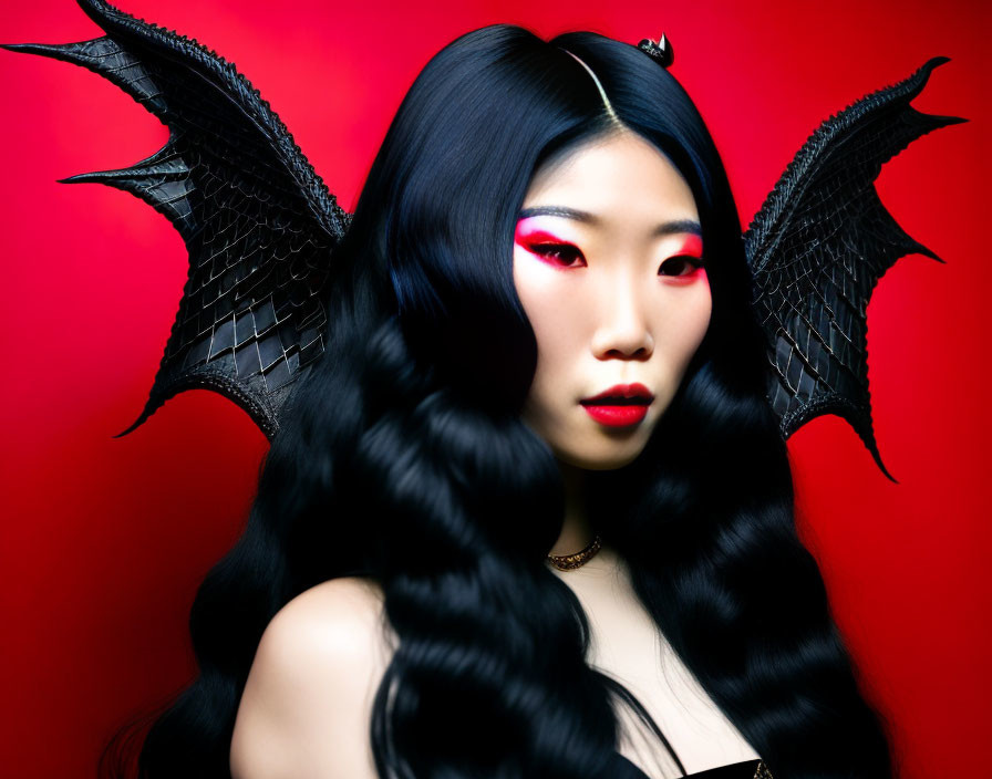 Woman with Dramatic Winged Eyeshadow and Bat Wings in Gothic Fantasy Setting