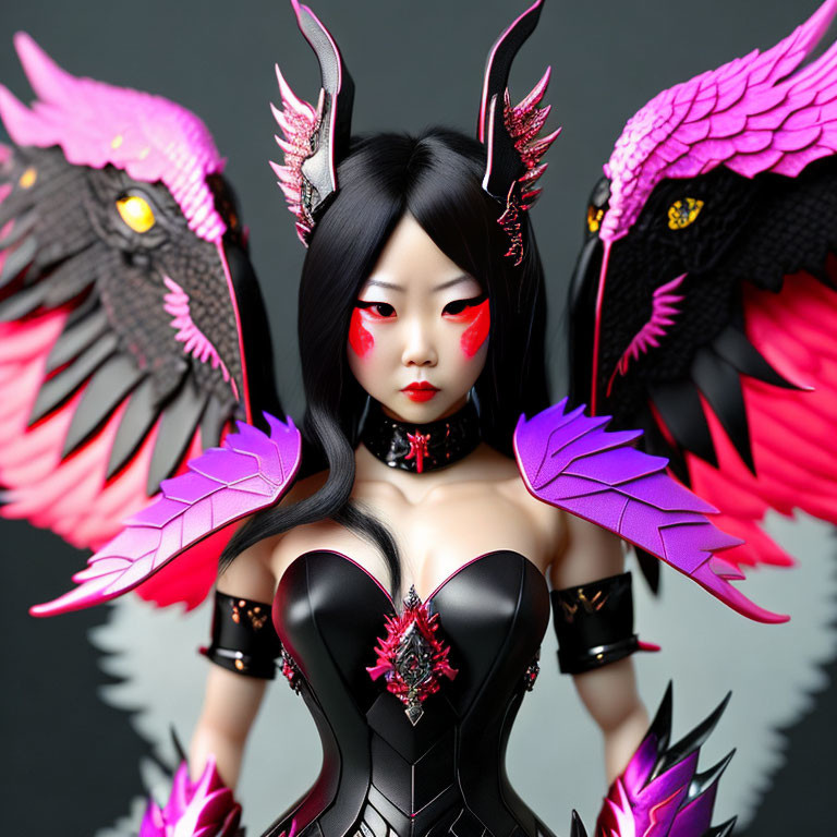 Person with red eye makeup and dark hair in black outfit with pink accents, surrounded by fantasy birds with