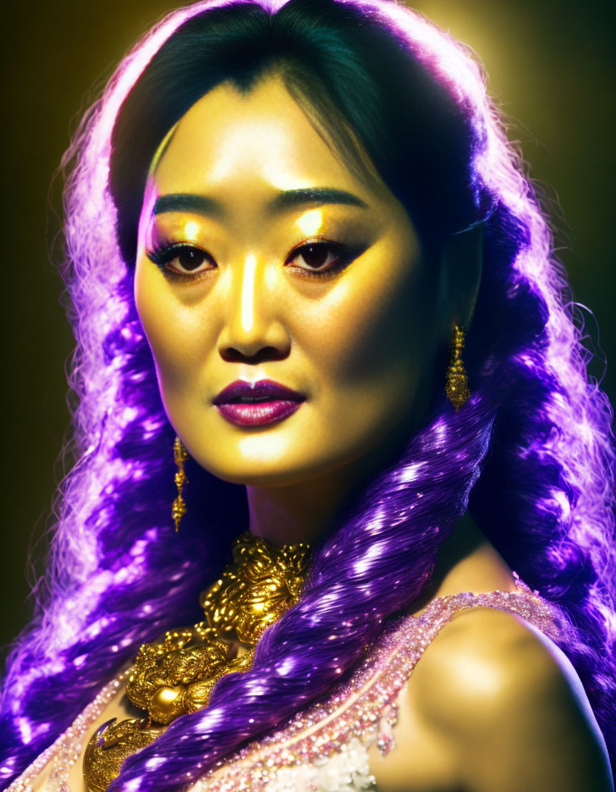 Purple-tinted hair woman shines in vibrant yellow lighting