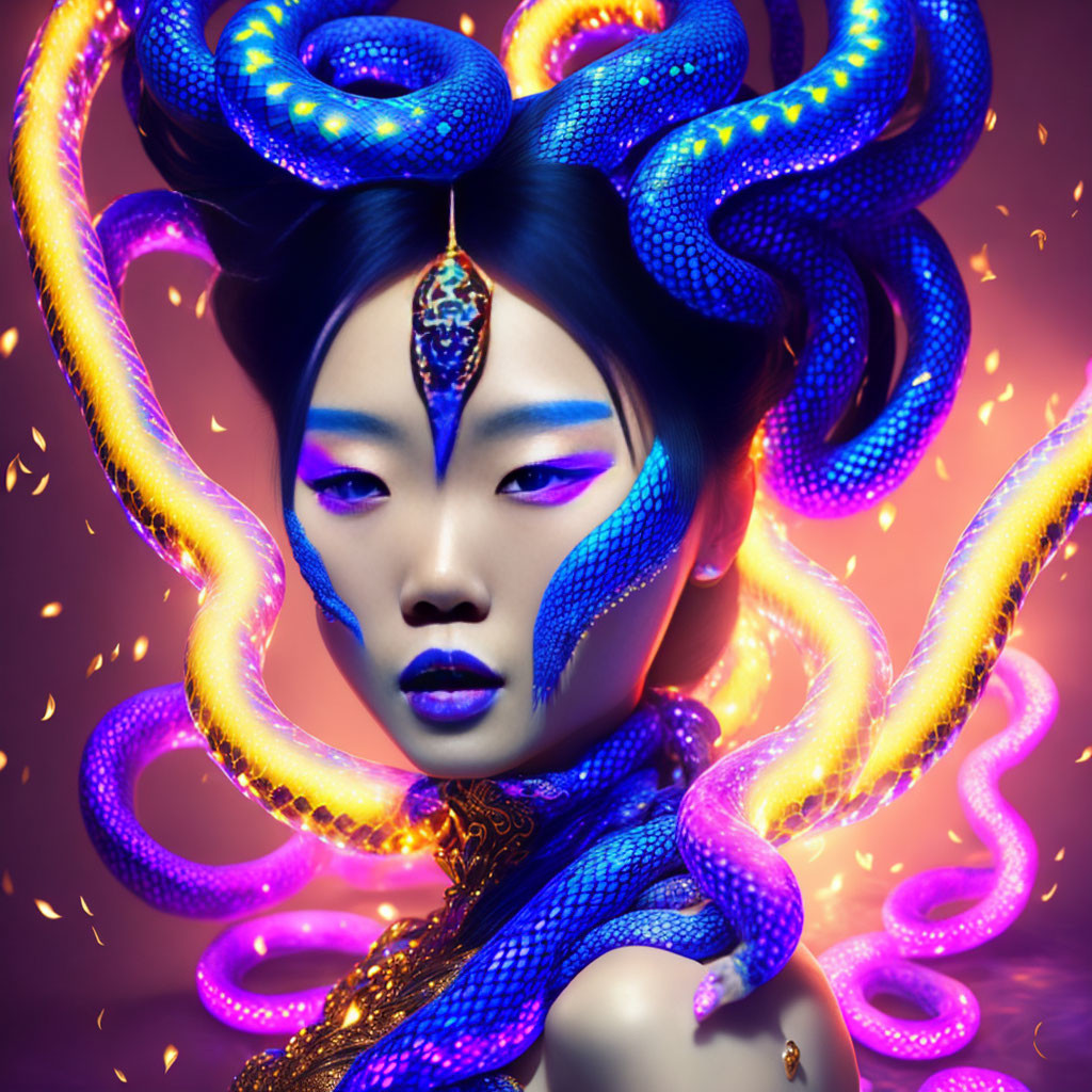 Colorful makeup woman with fluorescent serpents on dark background