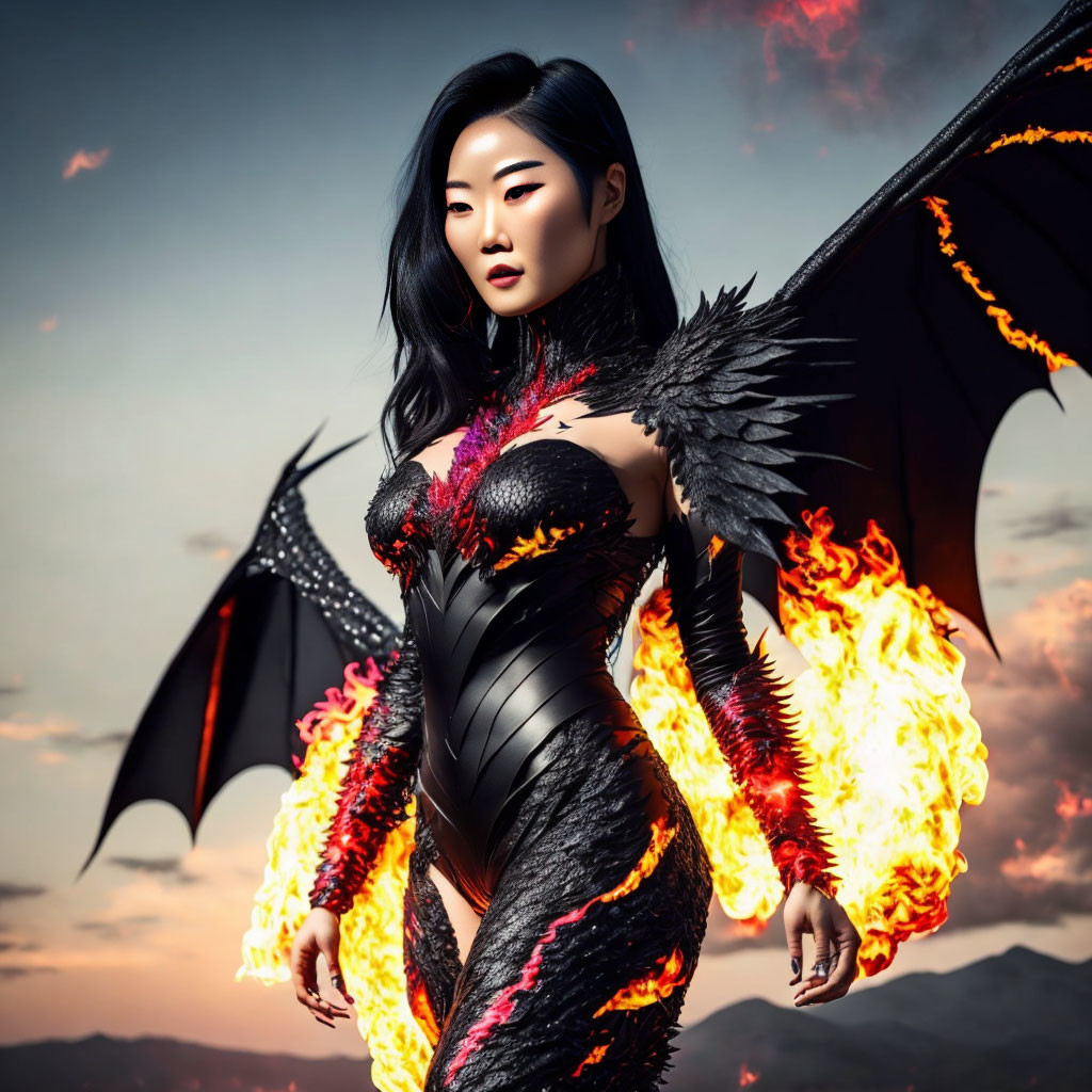 Woman in Black and Red Dragon Costume with Wings in Dramatic Sky