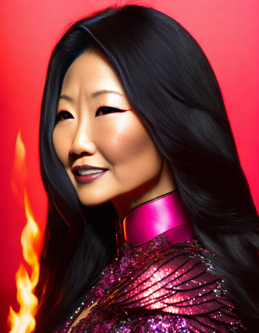 Long-haired woman in purple outfit against fiery red backdrop