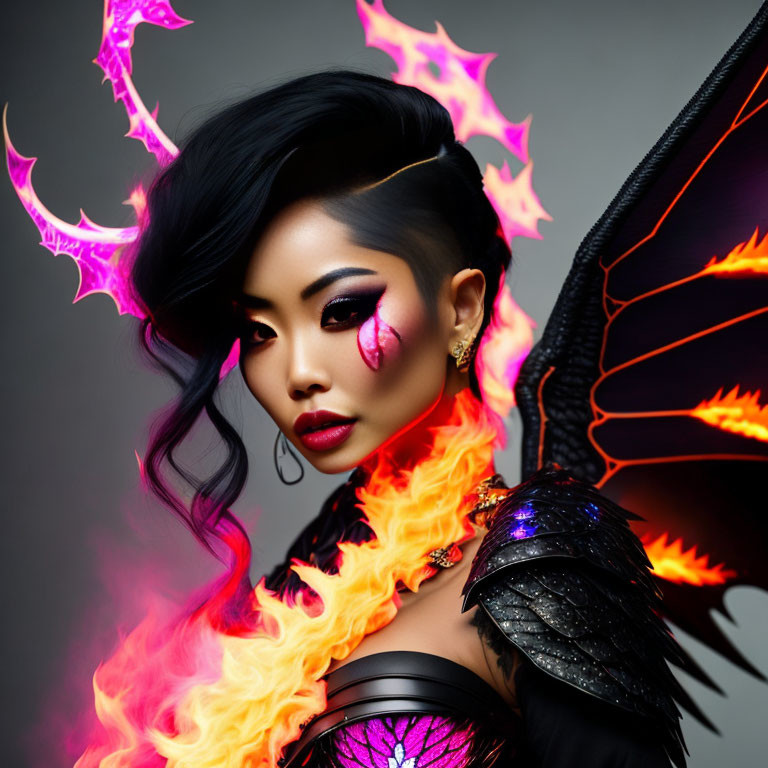 Fantasy-themed woman with dragon makeup and fiery effects