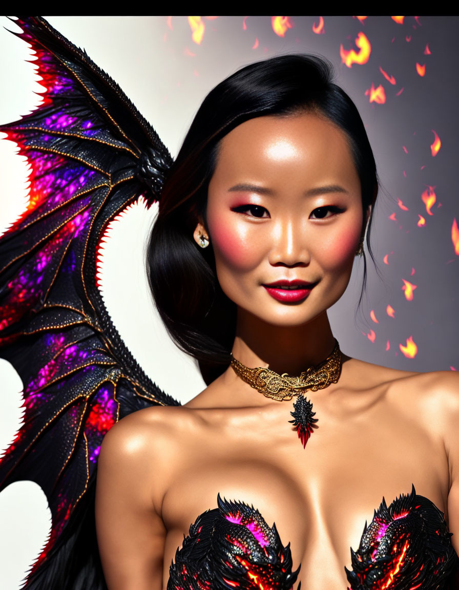 Fantasy Figure with Dragon Wings and Bold Makeup