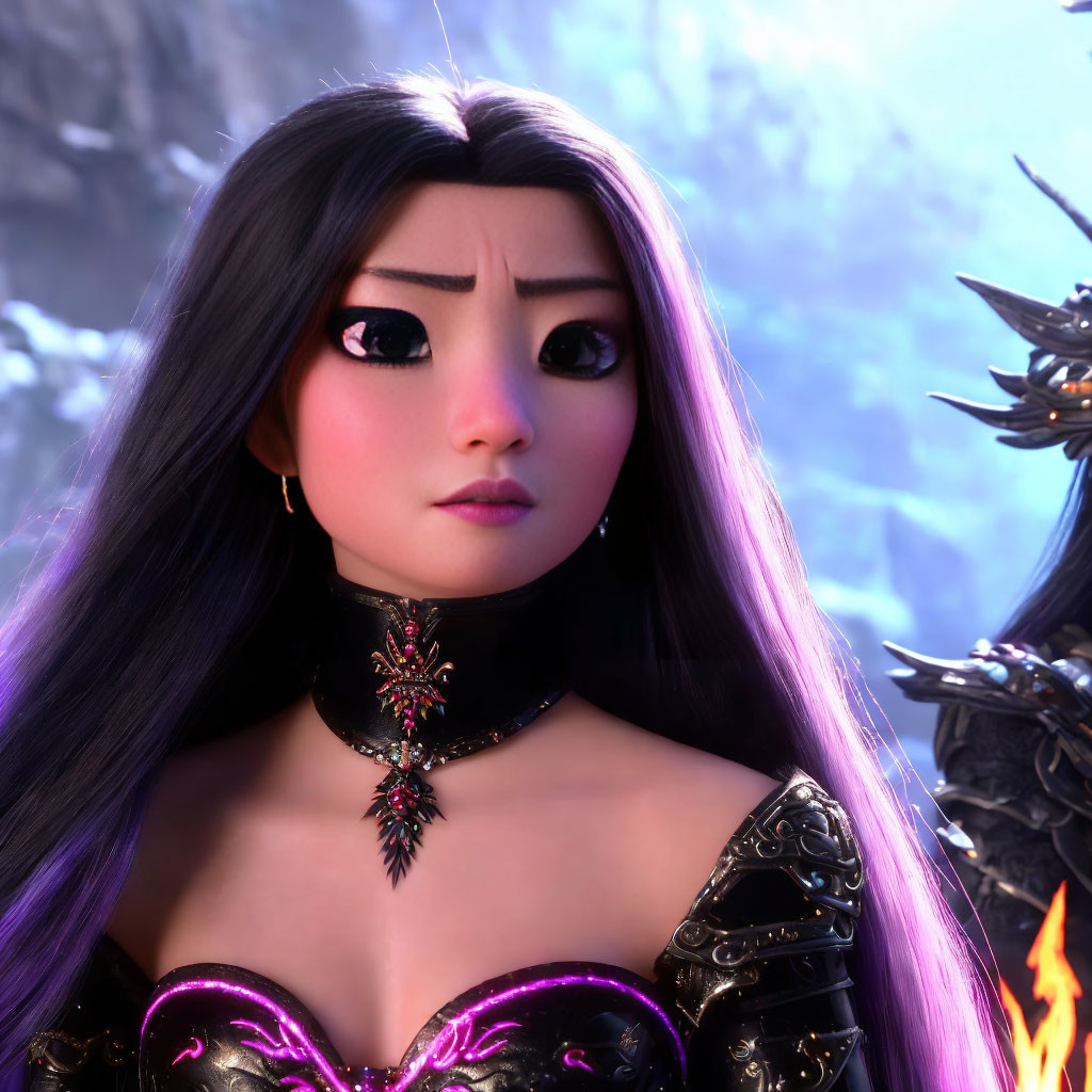 Detailed 3D animated female character with long black hair and dark armor