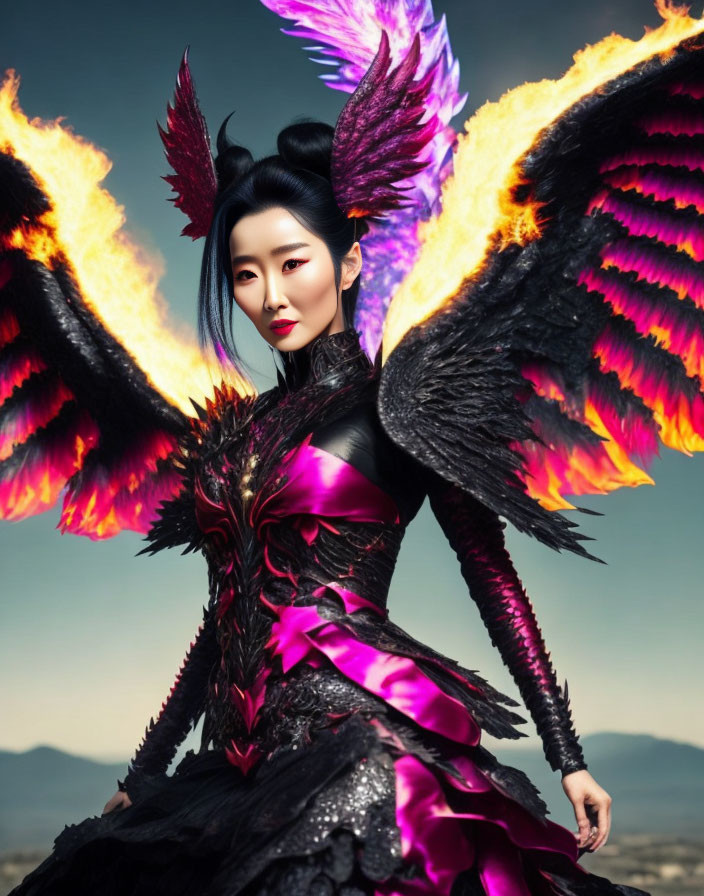 Fantasy costume with fiery wings and mountainous backdrop.