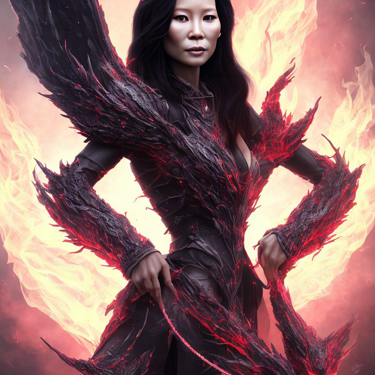 Dark-Haired Woman in Black Spiky Armor Surrounded by Red Flames