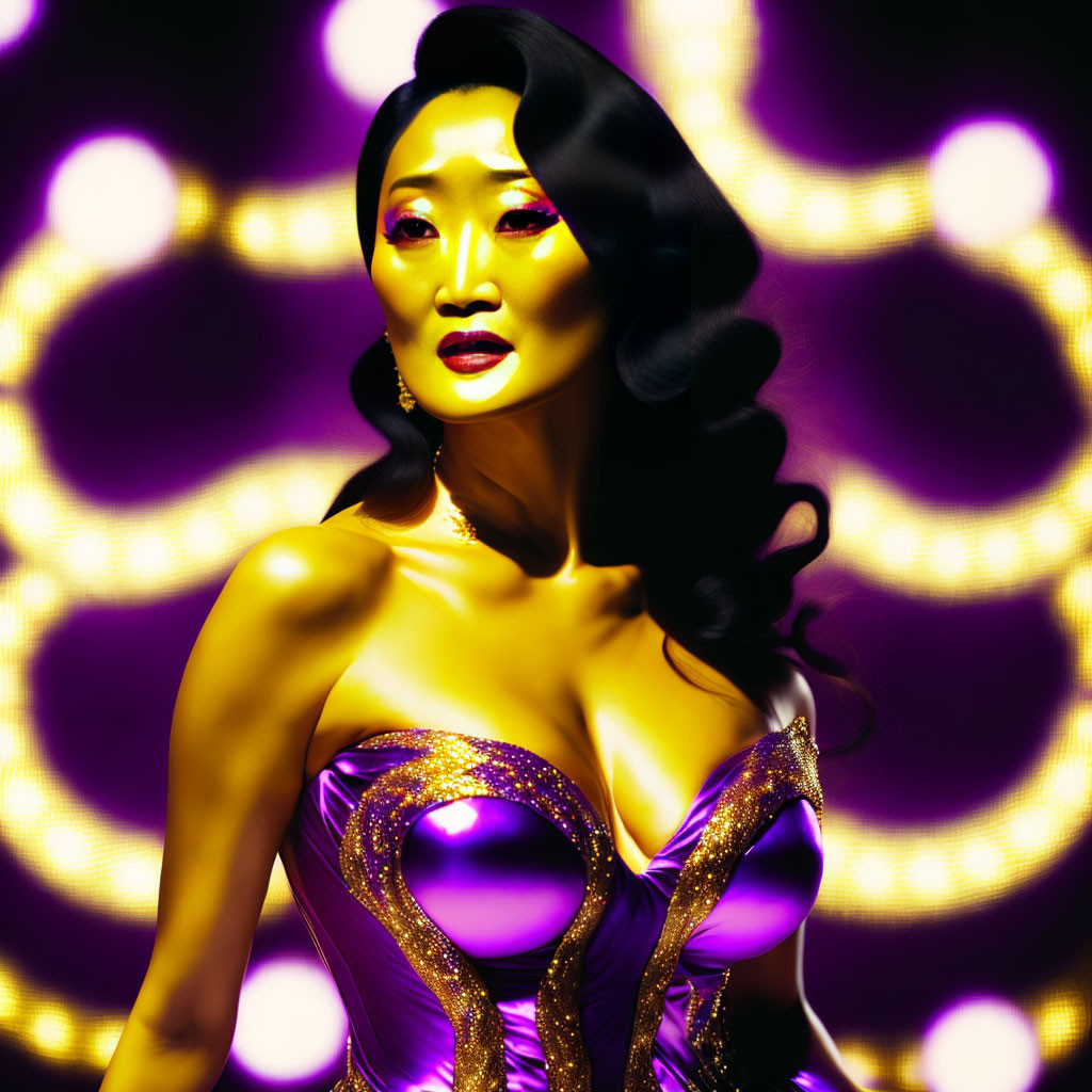 Dark-haired woman in purple dress with golden circles backdrop.