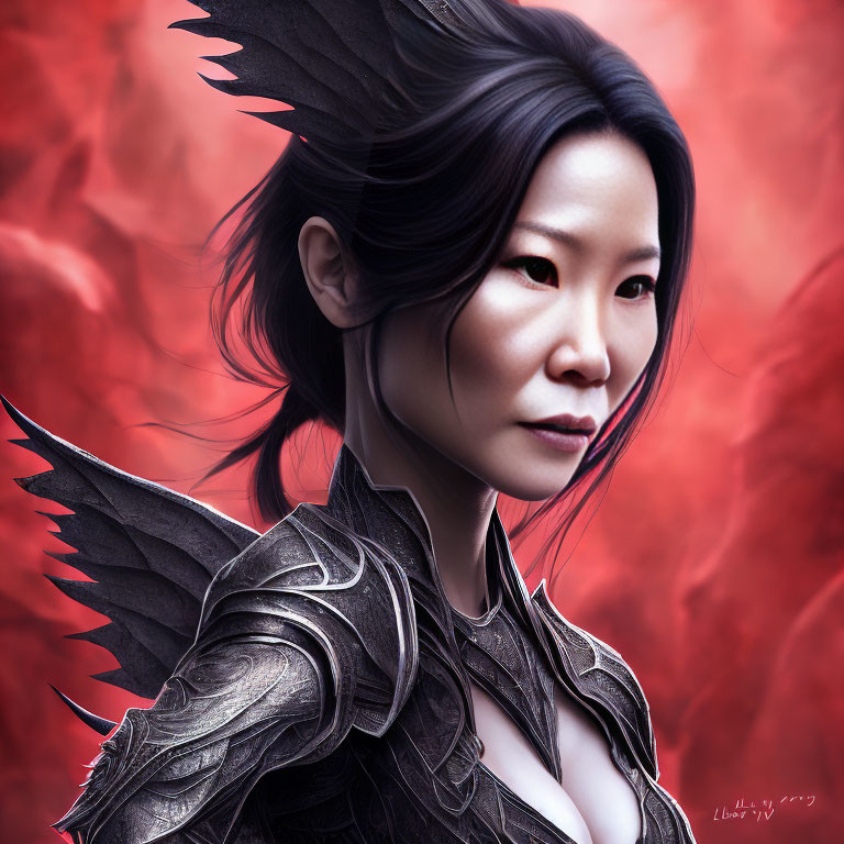 Intense gaze woman with black feathered wings and dark armor on crimson backdrop