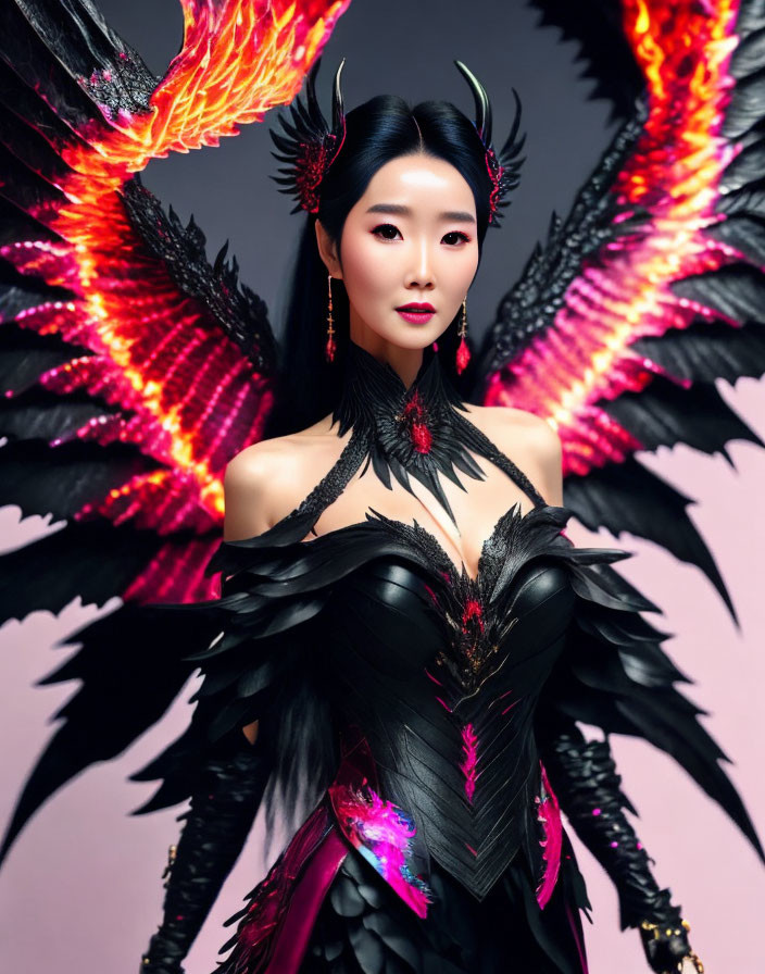 Feathered costume with fiery wings and horned headpiece on pink background