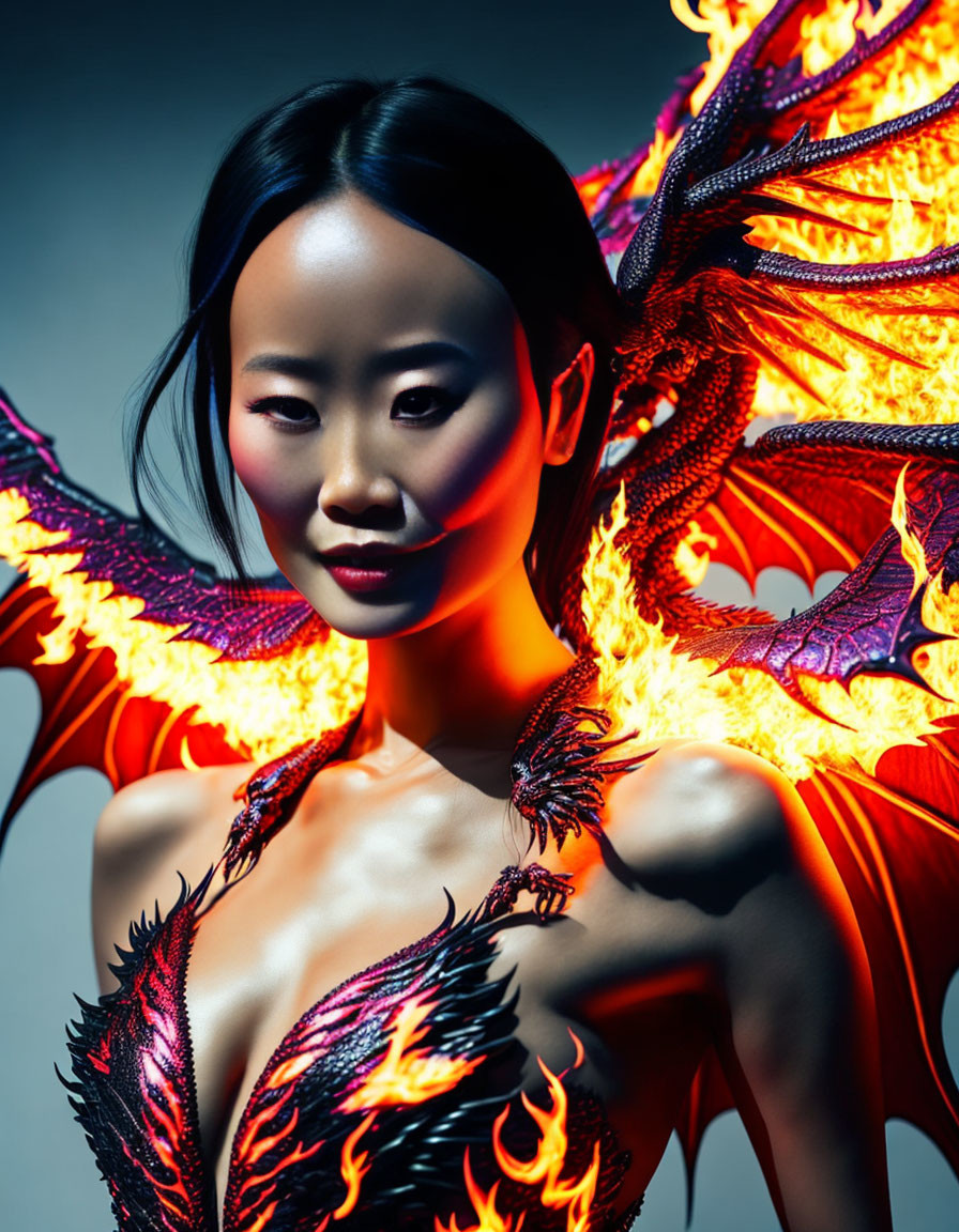 Portrait of Woman with Fiery Dragon Wings and Attire on Cool-Toned Backdrop