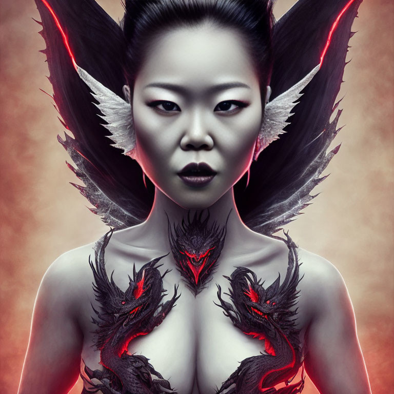 Fantasy-themed woman portrait with dark angel wings and dragon motifs