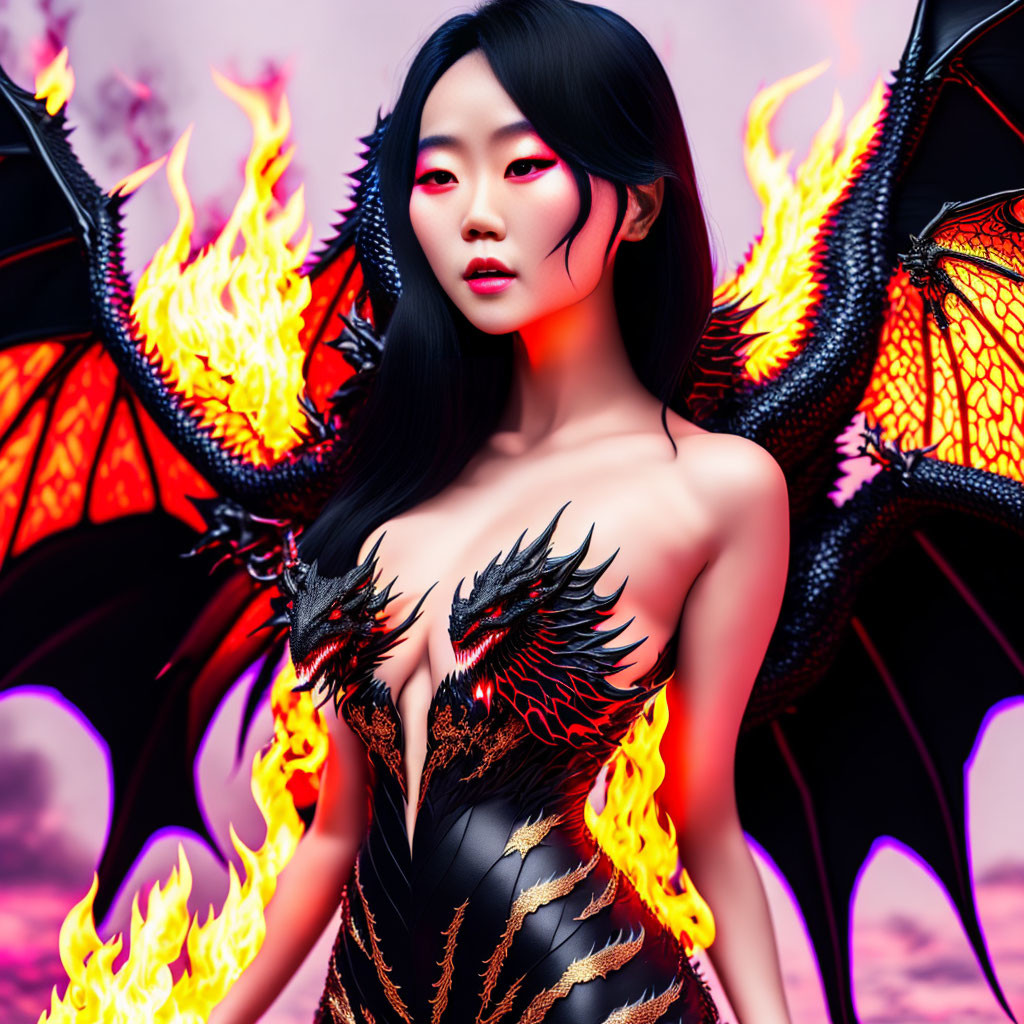 Digital artwork: Woman with dragon wings in fiery costume against pink sky