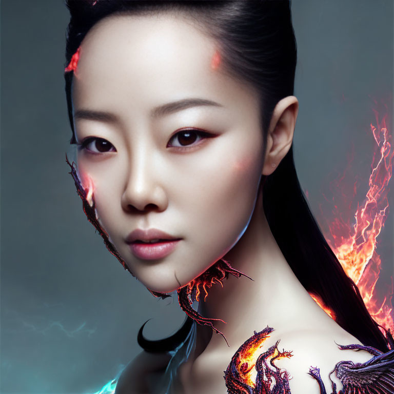 Portrait of a Woman with Fiery and Electric Skin Effects