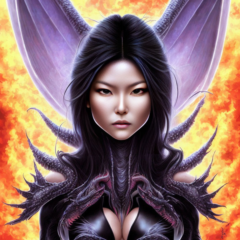 Dragon-like woman with sharp horns and scales in fiery setting