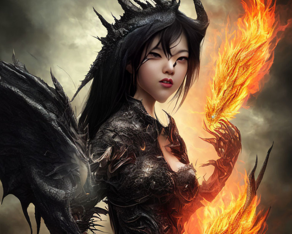 Fantasy female character with dark horns, wing-like structures, fiery orange glow, and intricate black outfit