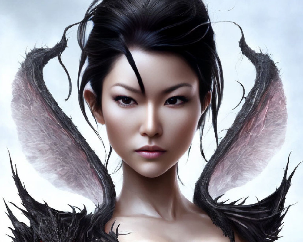 Digital artwork: Woman with dark feathered wings and creature with glowing red eyes.