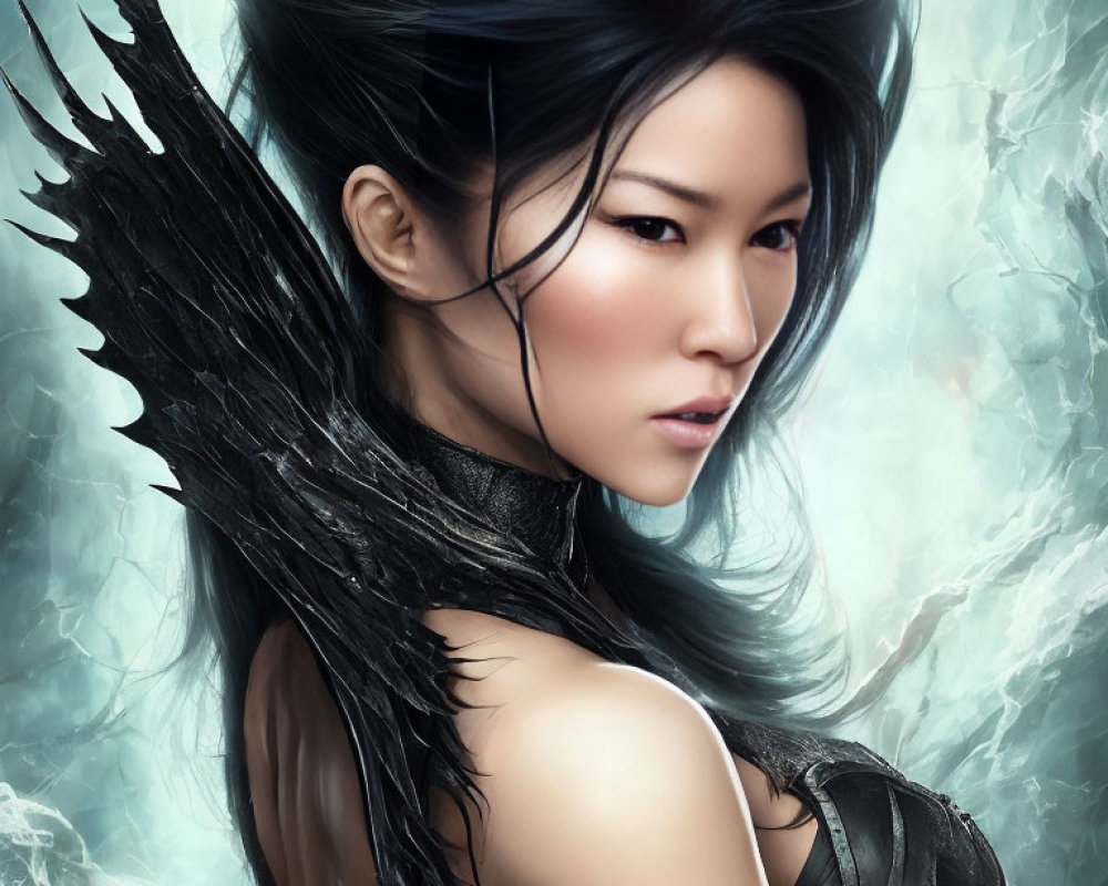 Asian woman with black feathered wings in misty setting