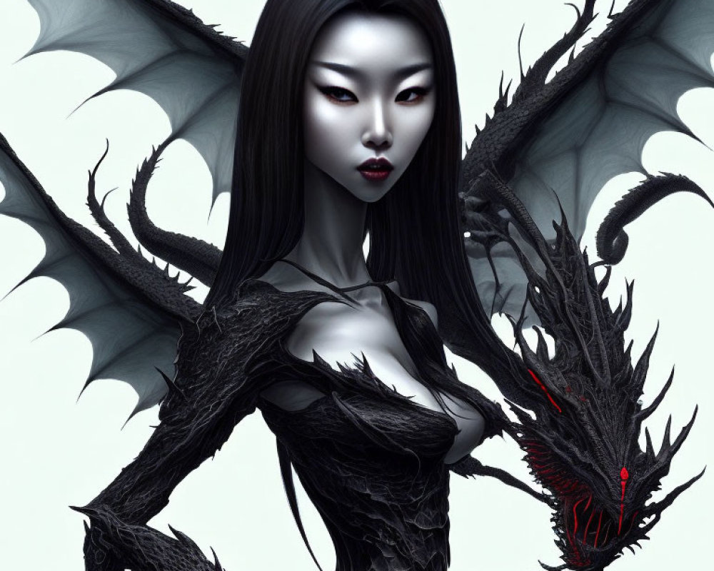 Fantasy illustration of a woman with dragon-like wings and scales holding a stylized dragon head with red