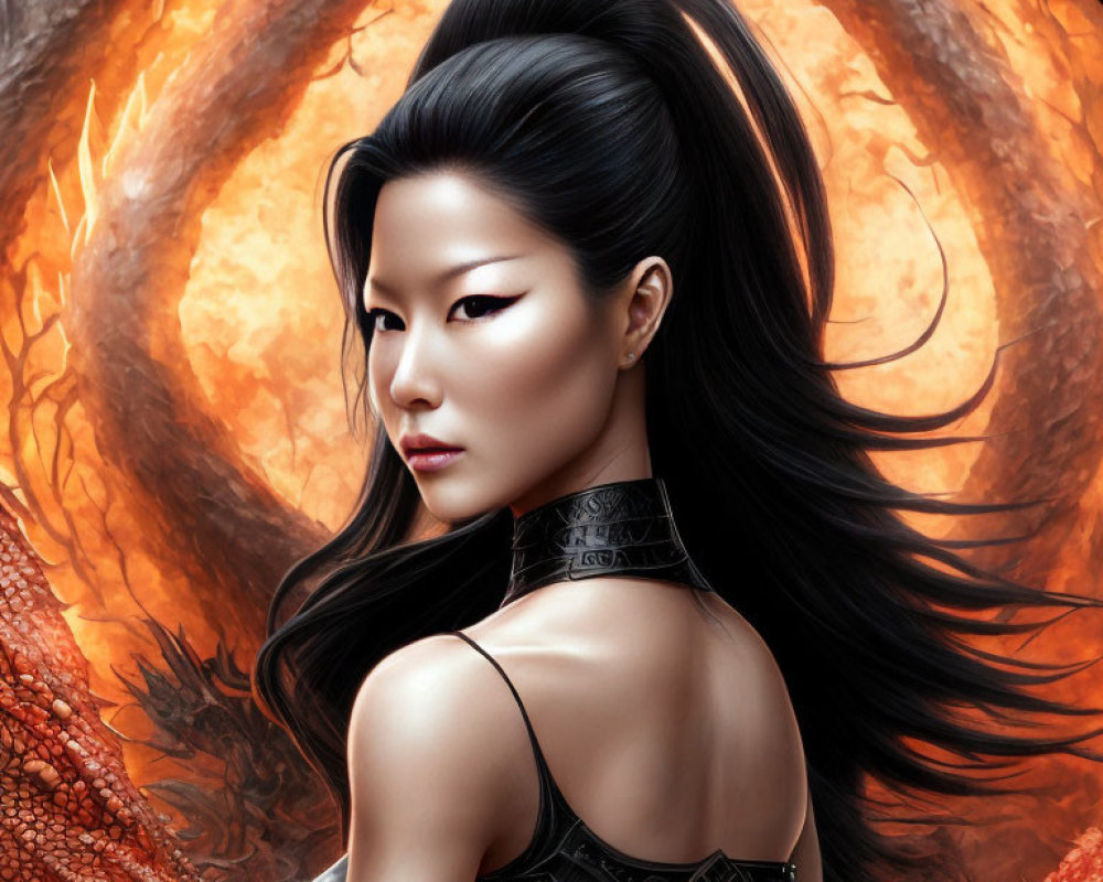 Woman with Black Hair in Fiery Dragon Background