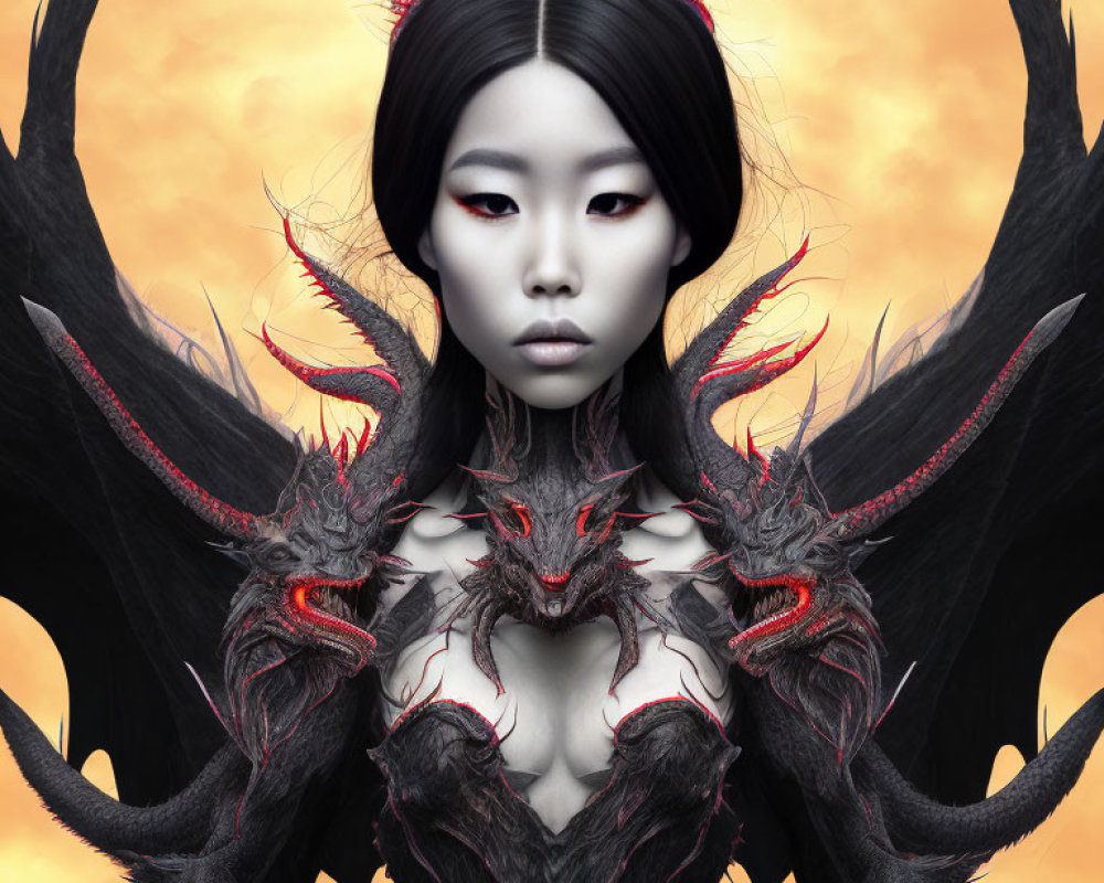 Symmetrical fantasy portrait with dark wings and horns on orange backdrop