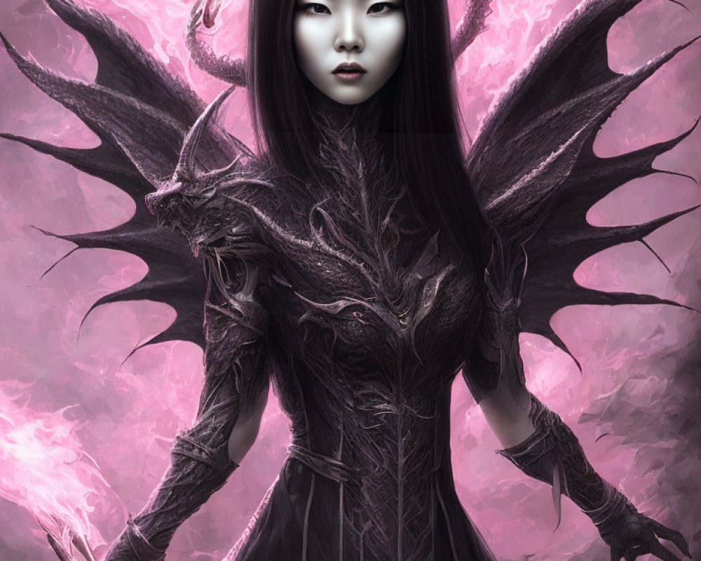 Fantastical female figure with dragon-like wings on pinkish-purple backdrop