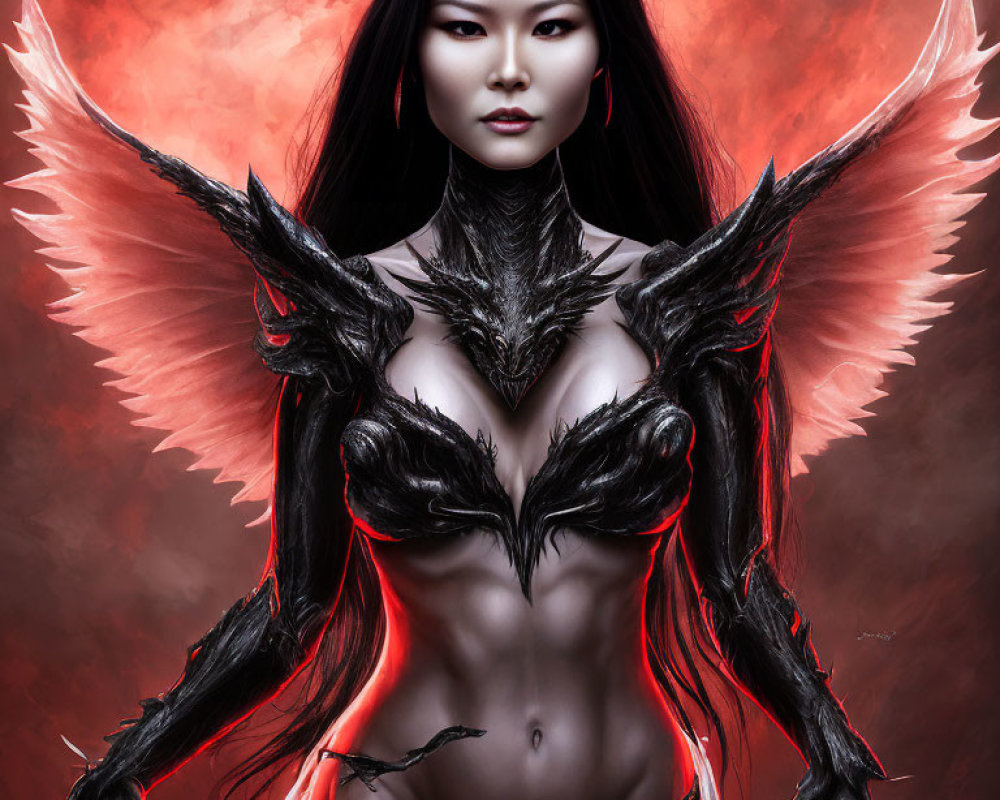 Digital Artwork: Woman with Dark Angelic Wings and Black Armor on Red Background