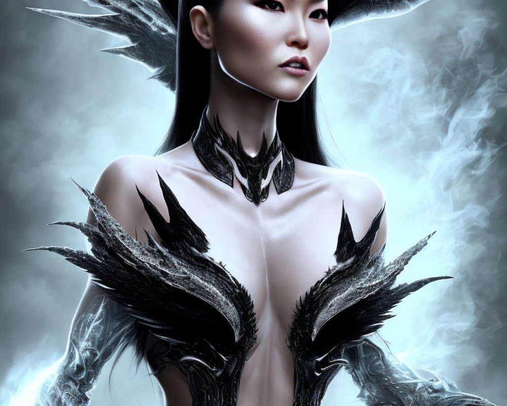 Digital artwork of Asian woman with black feathered wings and armor on misty blue background