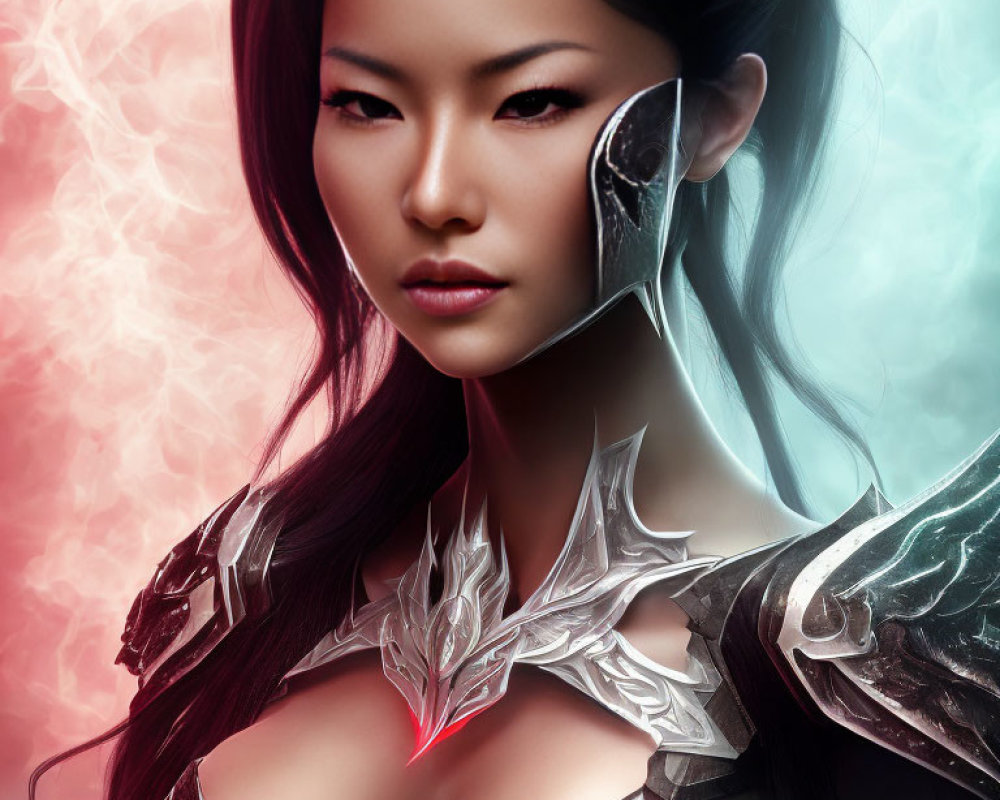 Asian female warrior in futuristic silver armor with glowing red accent on pink and blue nebulous background