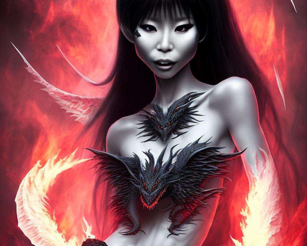 Fantasy illustration of woman with horns, dark hair, pale skin, surrounded by flames, dragon-themed