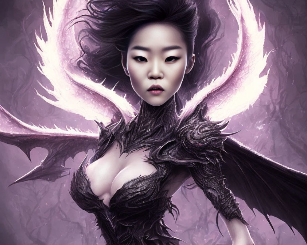 Digital artwork: Woman with dark hair, black armor, glowing purple aura.