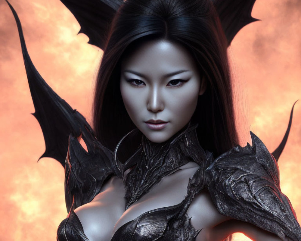 Intense gaze woman as dark fantasy creature with black wings and armor on fiery backdrop