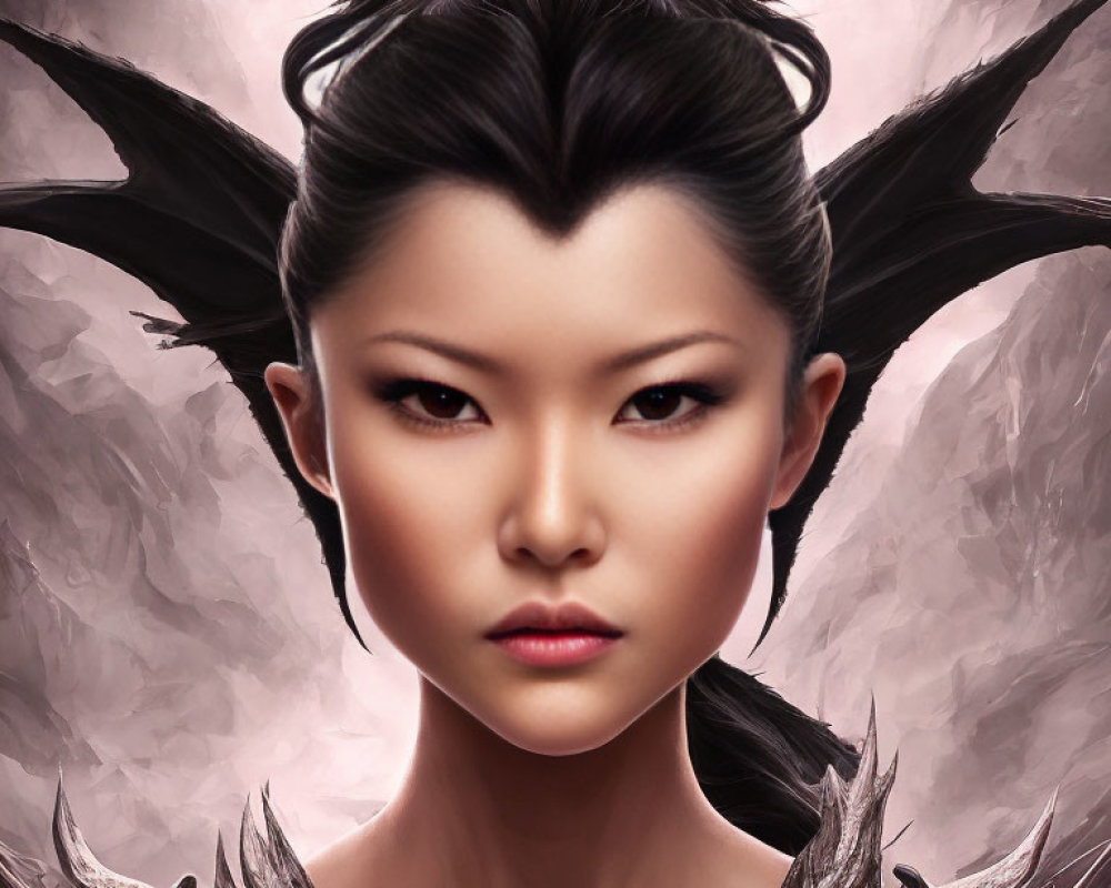 Symmetrical black horns on intense gaze woman artwork