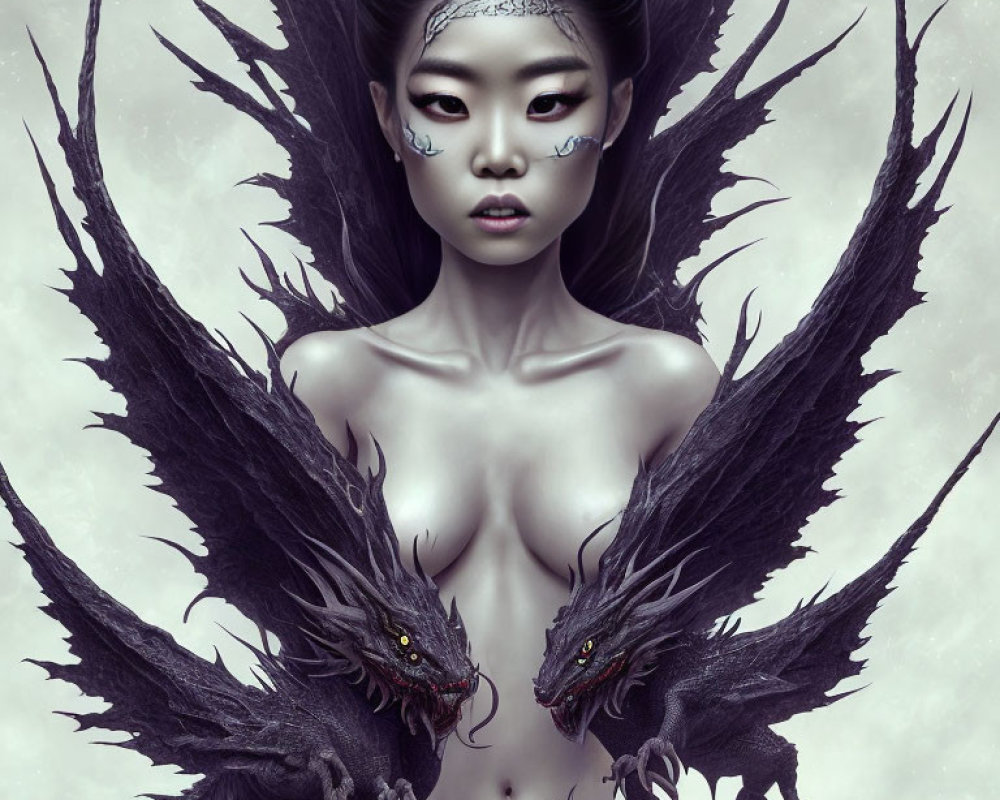 Fantasy-themed artwork with woman, black wings, and dragons