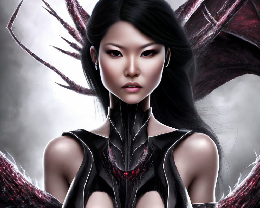 Digital artwork of woman with white earphones in dark armor against misty backdrop