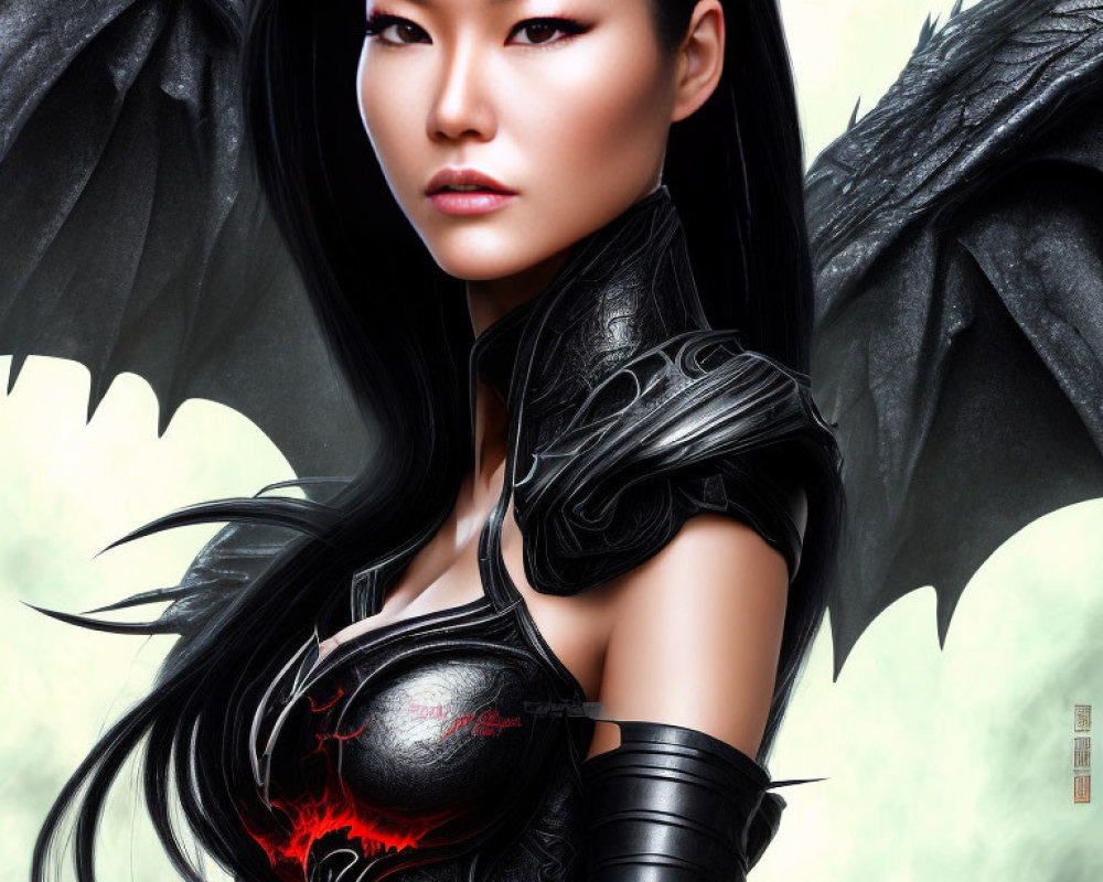 Digital artwork of a woman in black fantasy armor with dragon wing elements and a red glowing heart.